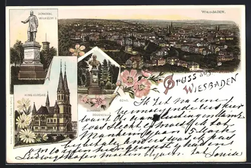 Lithographie Wiesbaden, Ring Kirche, Denkmal Kaiser Wilhelm I., Denkmal Bodenstedt, Gesamtansicht