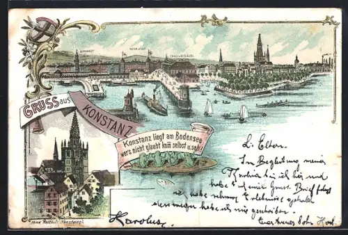 Lithographie Konstanz, Totalansicht, Reichspost, Bahnhof