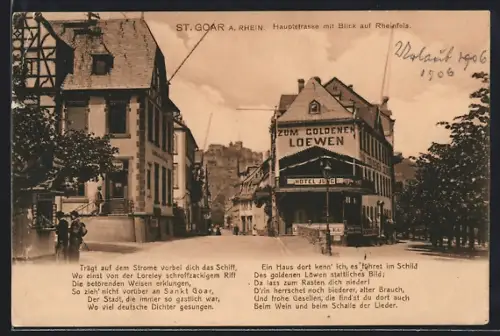 AK St. Goar a. Rh., Hauptstrasse mit Blick auf Rheinfels