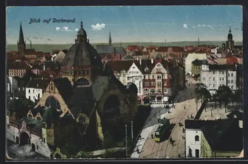 AK Dortmund, Totalansicht mit Synagoge und Strassenbahn aus der Vogelschau