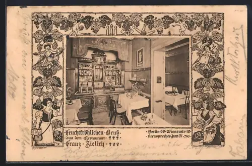 AK Berlin, Restaurant Franz Zielich, Wienerstrasse 10, Innenansicht, Ornament-Rahmen, Kegel, Spielkarten, Kellnerinnen