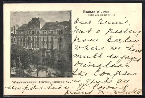 AK Berlin, Westminster Hotel, Unter den Linden 17-18, Ansicht aus der Vogelschau