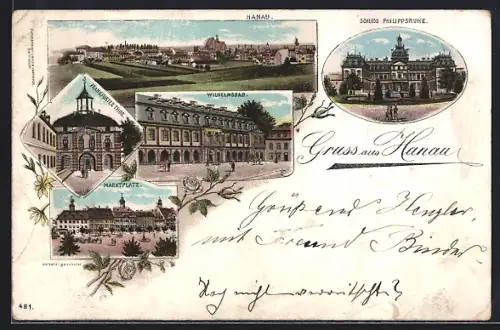 Lithographie Hanau, Schloss Philippsruhe, Wilhelmsbad, Frankfurter Thor, Marktplatz