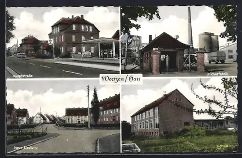 AK Weetzen /Han, Zuckerfabrik, Hauptstrasse mit Aral-Tankstelle, Neue Siedlung, Schule