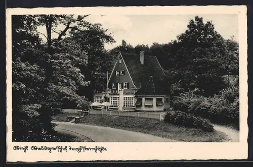 AK Wiehl, Waldgasthof Tropfsteinhöhle mit Treppenaufgang u. Strasse aus der Vogelschau