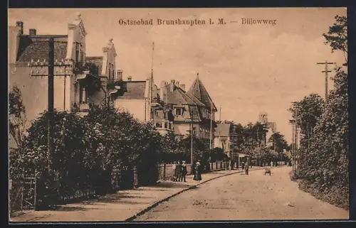 AK Brunshaupten i. M., Bülow-Weg mit Villen und Passanten, Strassenpartie