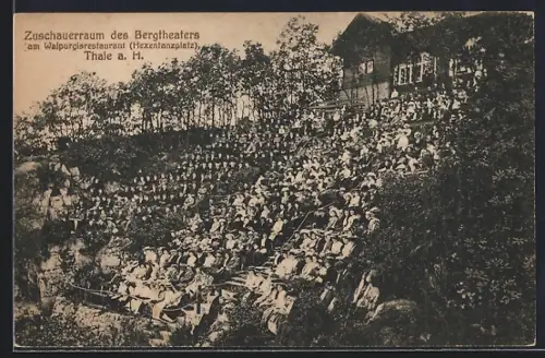 AK Thale a. H., Bergtheater am Walpurgisrestaurant / Hexentanzplatz, Zuschauerraum mit Gebäude