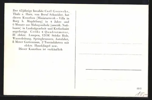AK Thale, Villa in Burg aus Mahagoniholz erbaut von Carl Goerecke, Modellbau