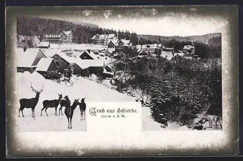 AK Schierke, Ortsansicht mit Hirschen im Winter