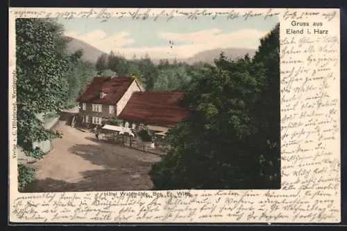 AK Elend i. Harz, Hotel Waldmühle Fr. Witte mit Strasse aus der Vogelschau