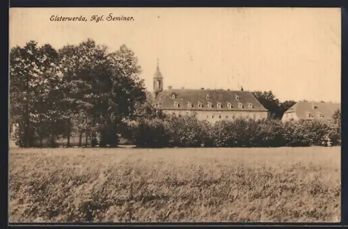 AK Elsterwerda, Kgl. Seminar von einem Feld aus, Panorama