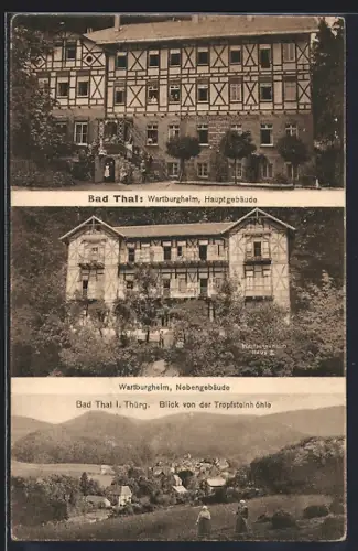 AK Bad Thal / Thür., Panorama & Wartburgheim mit Haupt- und Nebengebäude