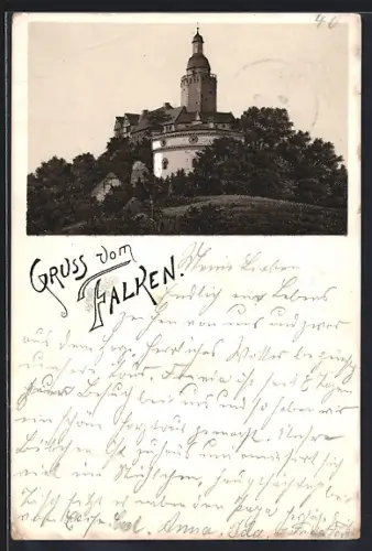 Vorläufer-Lithographie Falkenstein / Selketal, 1895, Burg mit umliegenden Gebäuden und Umgebung