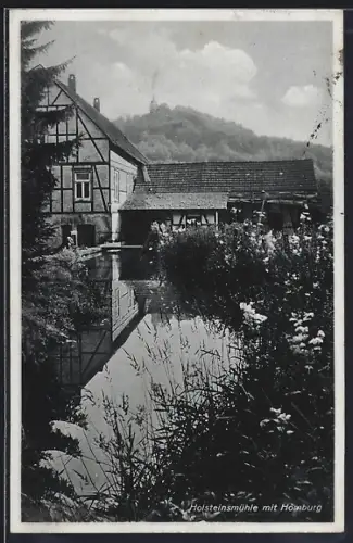 AK Nümbrecht, Holsteinsmühle mit Schloss Homburg vom Mühlteich gesehen