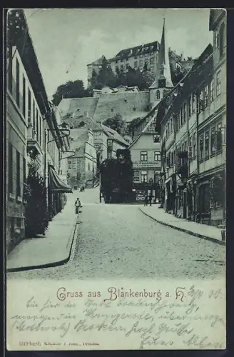 AK Blankenburg a. H., Strassenpartie mit Conditorei Damköhler, Kirche und Burg