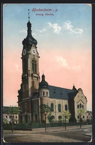 AK Hockenheim i. B., Evang. Kirche mit Strasse