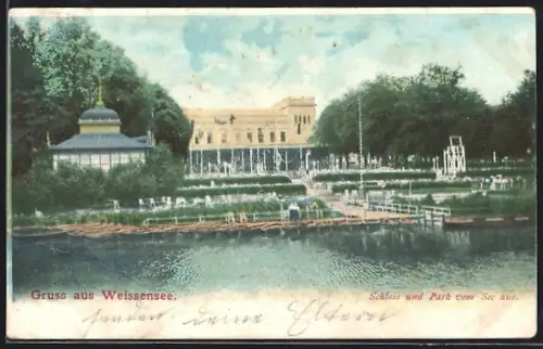 Künstler-AK Berlin-Weissensee, Schloss und Park vom See aus