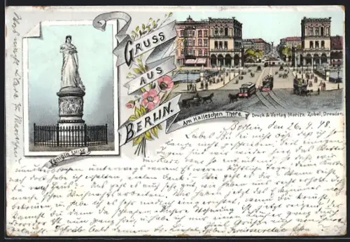 Lithographie Berlin-Tiergarten, Am Halleschen Thore, Panorama mit Säulendenkmal, Denkmal Königin Luise