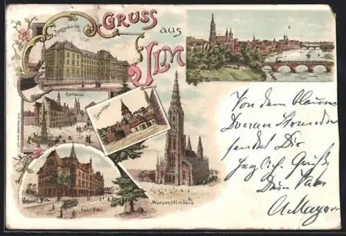 Lithographie Ulm / Donau, Zundeltor, Saalbau, Rathaus, Justizgebäude, Ortsansicht