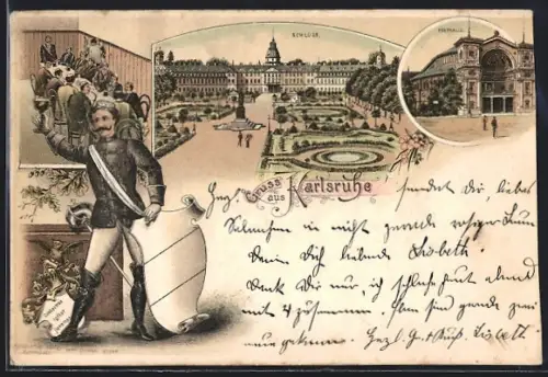 Lithographie Karlsruhe, Festhalle und Schloss