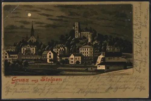 Mondschein-AK Stolpen, Teilansicht mit Burg