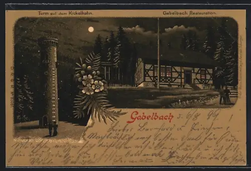 Mondschein-Lithographie Gabelbach / Thür., Restaurant Gabelbach, Turm auf dem Kickelhahn