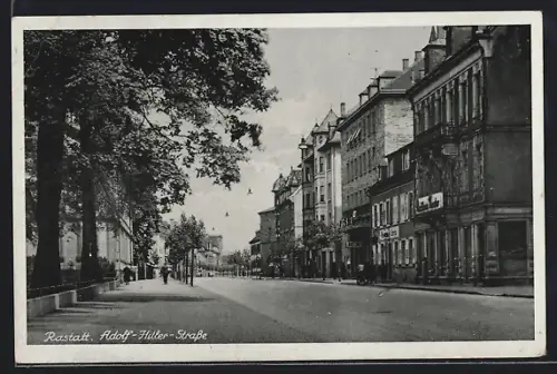AK Rastatt, Strasse mit Geschäften