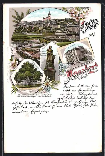 Lithographie Annaberg i. Erzgeb., Theater, Barbara Uttmann-Denkmal, Grosse Linde