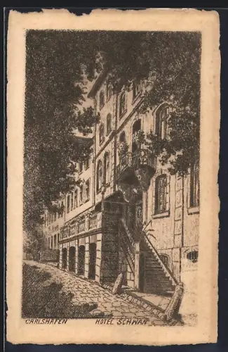 Künstler-AK Carlshafen, Hotel Schwan