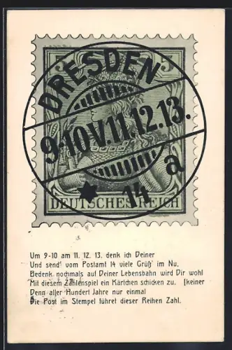 AK Datum 11.12.13, Briefmarke mit Poststempel