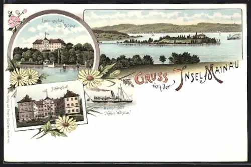 Lithographie Insel Mainau, Landungsplatz mit Schloss, Schlosshof, Dampfschiff Kaiser Wilhelm