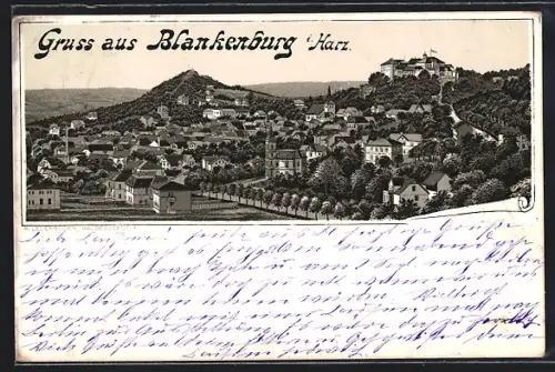 Lithographie Blankenburg i. Harz, Teilansicht mit Schloss