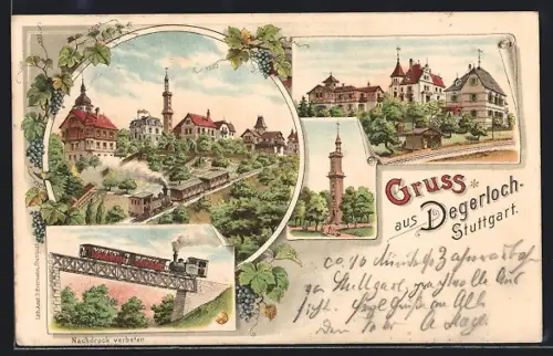 Lithographie Degerloch-Stuttgart, Bergbahn, Villen, Aussichtsturm