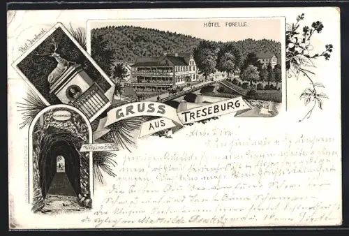 Lithographie Treseburg, Hotel Forelle, Wilhelms-Blick