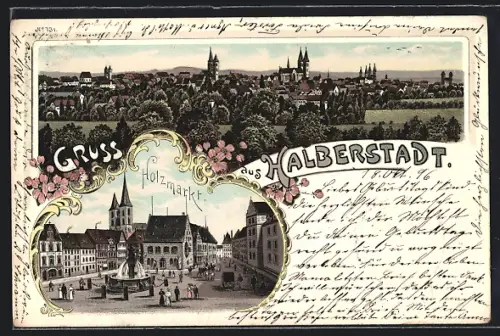 Lithographie Halberstadt, Holzmarkt, Ortsansicht