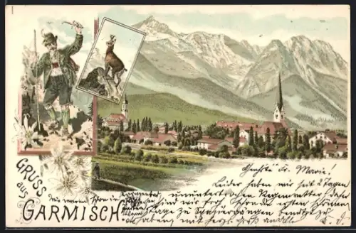 Lithographie Garmisch, Totalansicht mit Wanderer in Tracht