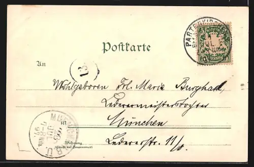 Lithographie Garmisch, Totalansicht mit Wanderer in Tracht
