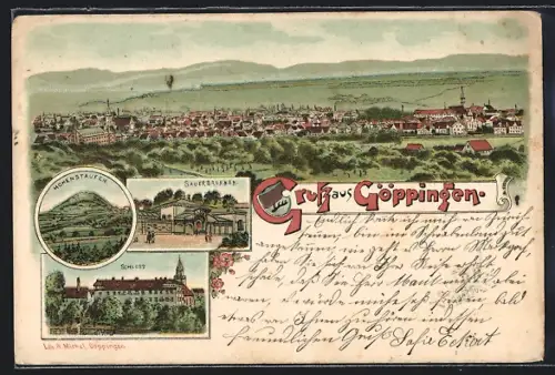 Lithographie Göppingen, Schloss, Sauerbrunnen