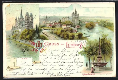 Lithographie Limburg / Lahn, Dom, Krieger-Denkmal