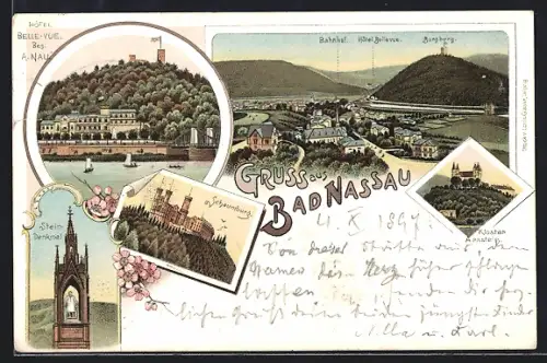 Lithographie Bad Nassau, Stein-Denkmal, Hotel Belle-Vue, Kloster Arnstein