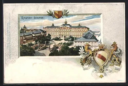 Passepartout-Lithographie Rastatt, Schloss aus der Vogelschau, Wappen