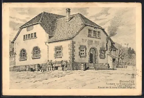 Künstler-AK Lahr i. Baden, Turnhalle der Friedrichschule, Revier der II. Komp. II. Ers. Batl. Inf. Rgt. 171