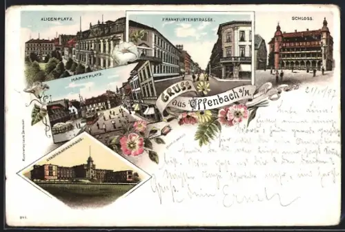 Lithographie Offenbach a. M., Schloss, Stadtkrankenhaus, Marktplatz mit Strassenbahn