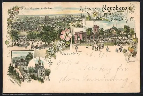 Lithographie Wiesbaden, Neroberg, Ortsansicht und Aussichtsthurm und Hotel Restaurant Gebrüder Krell
