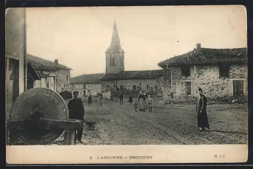 AK Brocourt, Scène de village avec église et habitants dans la rue