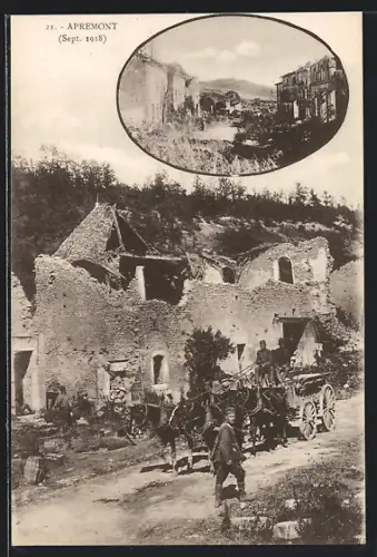 AK Apremont, Ruines après la bataille de septembre 1918 avec scène de transport en chariot