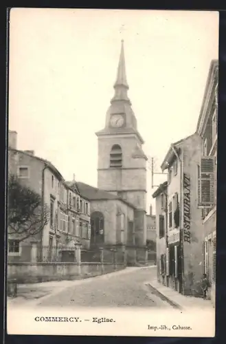 AK Commercy, Église et rue animée avec restaurant