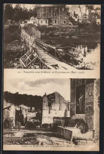 AK St-Mihiel, Passerelle entre St-Mihiel et Chauvoncourt et Entrée de St-Mihiel, Sept. 1918