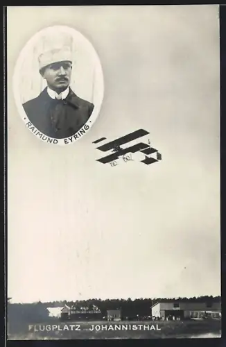 AK Portrait von Raimund Eyring mit Doppeldecker-Flugzeug über Flugplatz Johannisthal