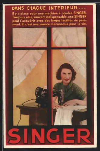 AK Nähmaschine Singer, Frau näht am Fenster, Dans chaque interieur